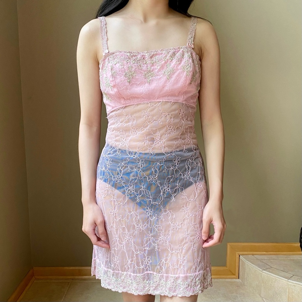 Felina Lingerie vintage garden fairy pink lace slip dress embroidered size M